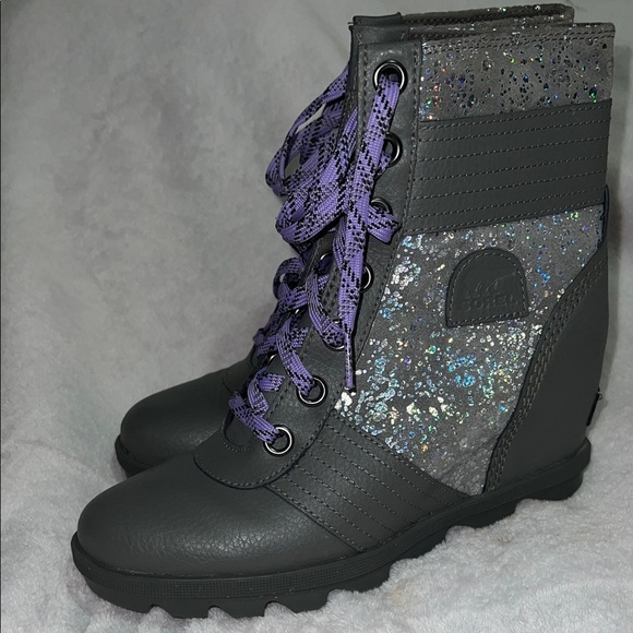 Sorel Shoes - Sorel Women's Boot Sz 5 Gray Lexie Leather Suede Glitter Wedge Waterproof Snow